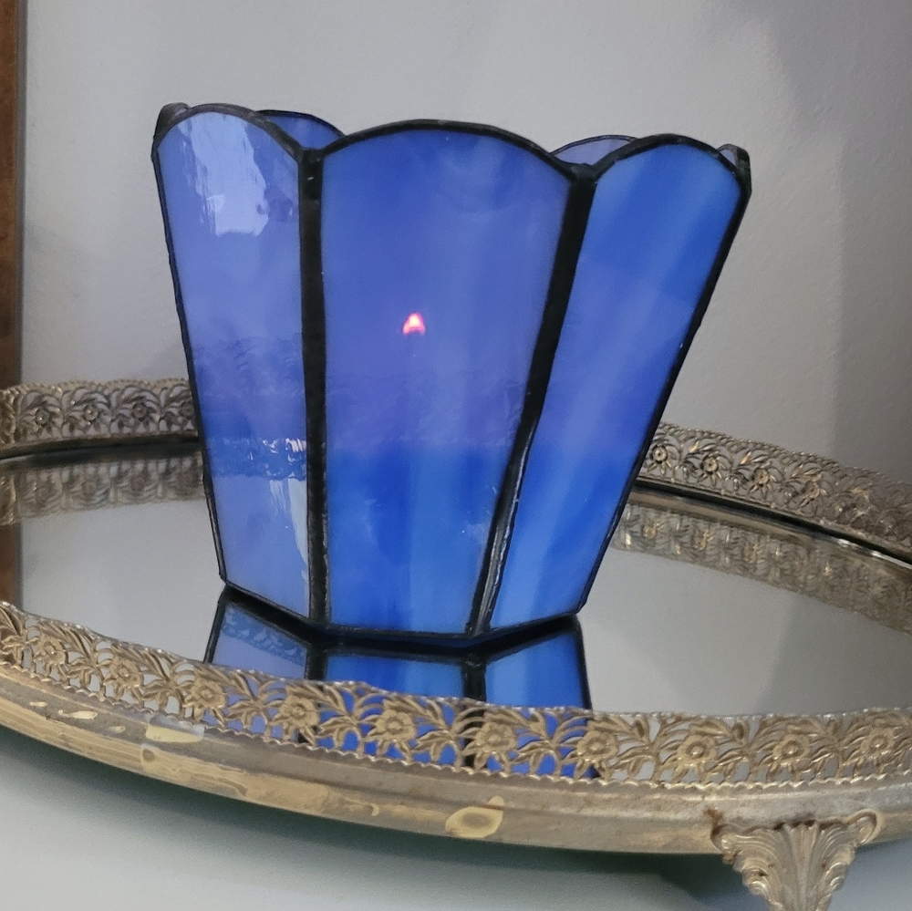 Stained Glass Blue Candle Holder Vase